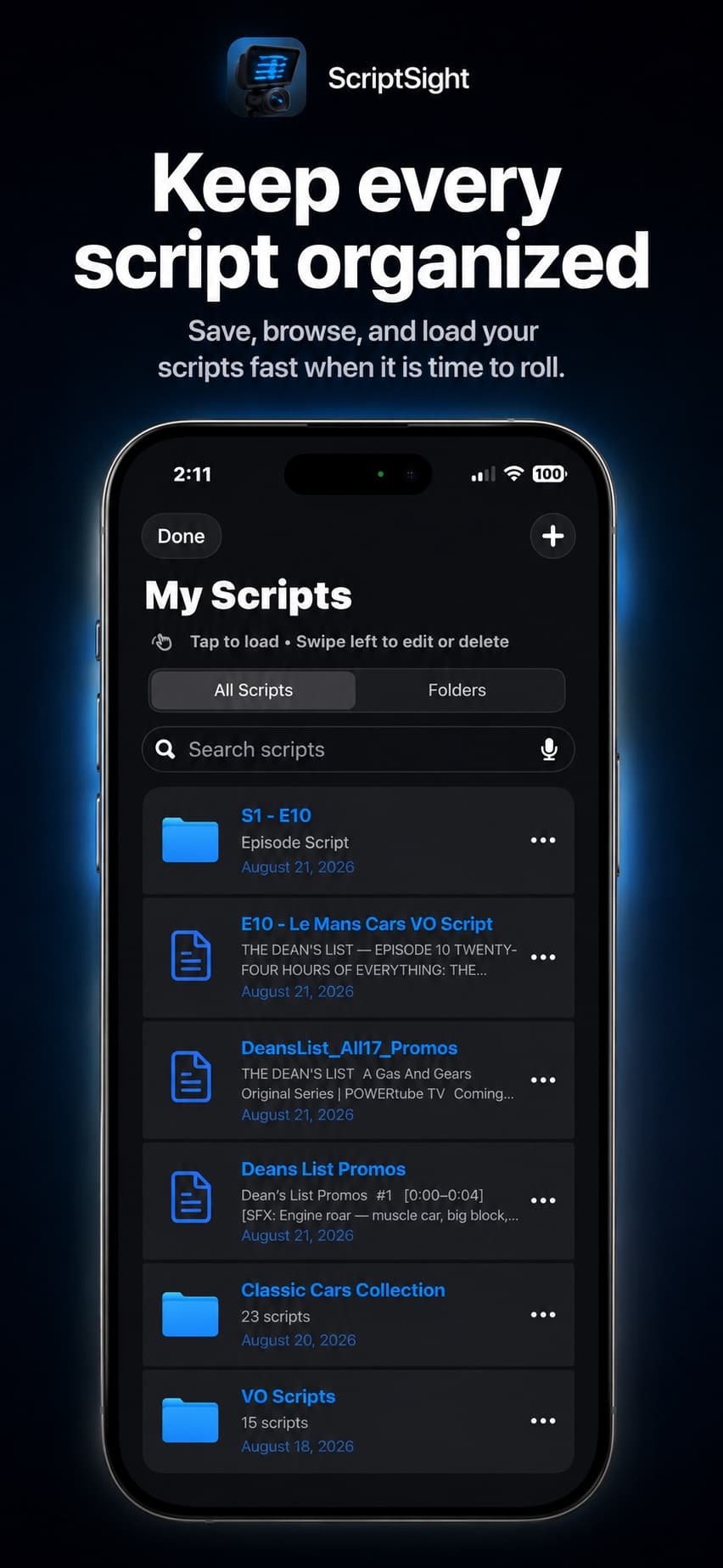 Saved scripts in the Script Sight library