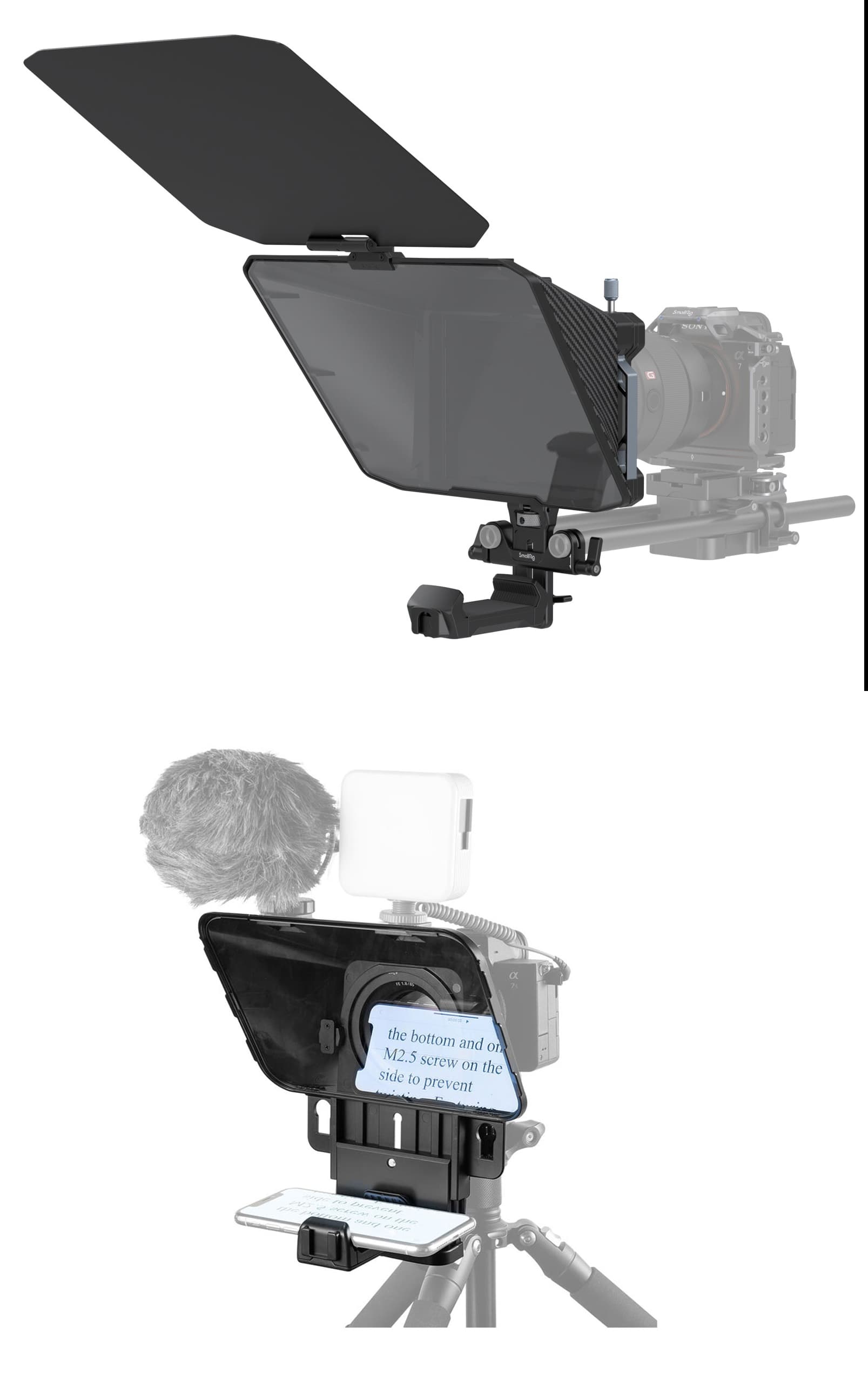 Reflective teleprompter rig with a smartphone tray and camera