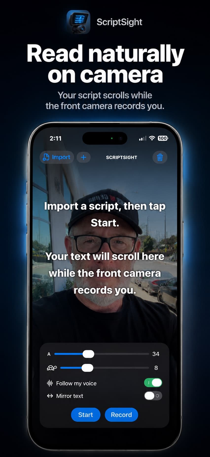 Script Sight teleprompter and camera controls on an iPhone