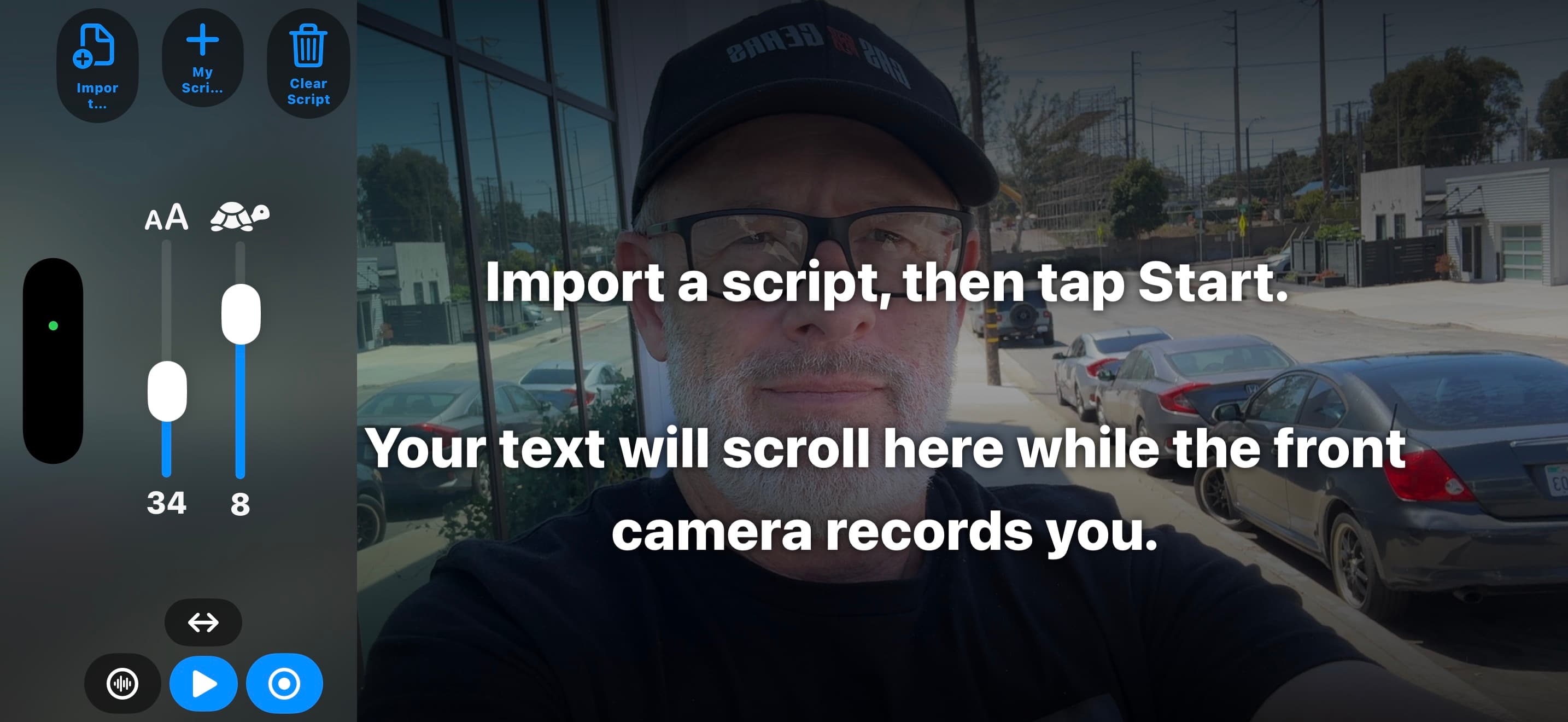 Script Sight recording interface in landscape orientation